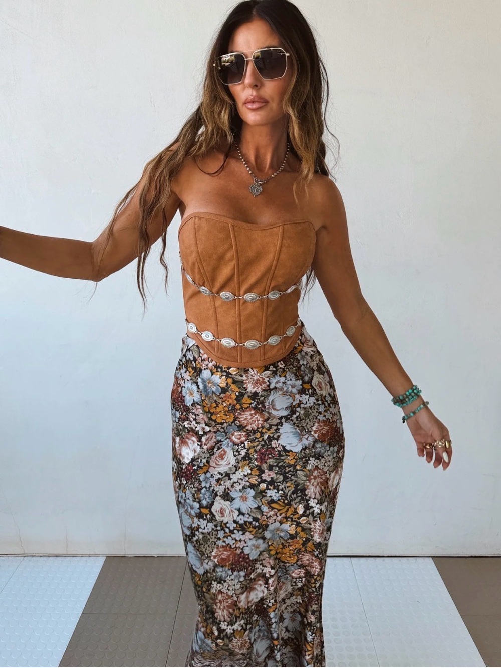 Boho Chic Fall Floral Knit Mesh Inverted Seam Maxi Skirt Small